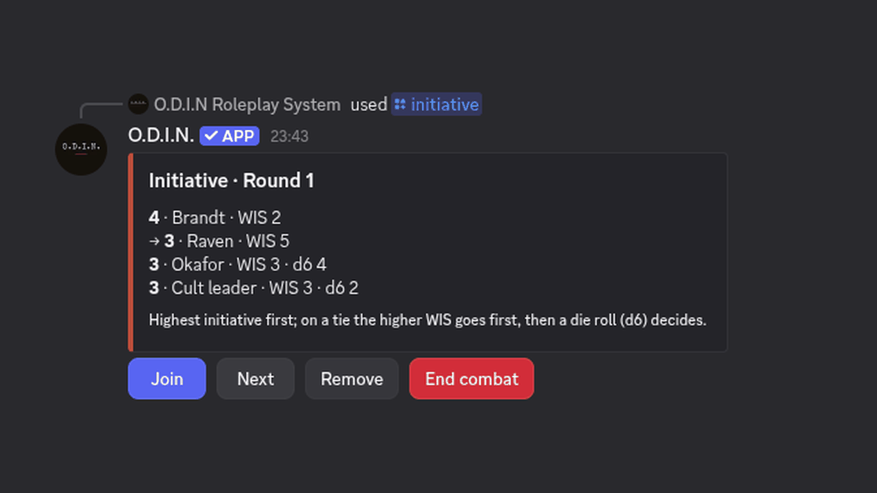 /initiative: a tie at 3, wisdom first, then a d6