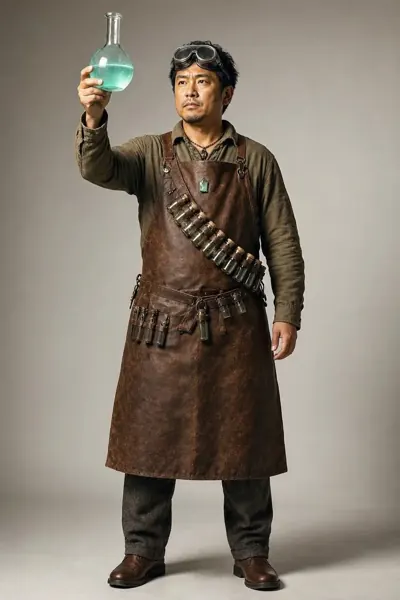 Alchemist, ein Mann mittleren Alters in Lederschürze und grünem Hemd, mit Schutzbrille auf dem Kopf, hält einen Kolben hoch.