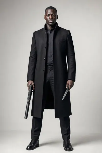 Assassin, ein Mann im langen schwarzen Mantel hält eine Pistole mit Schalldämpfer und ein Messer.