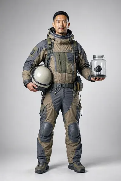 Astrobiologist, ein Mann mittleren Alters im olivgrauen Schutzanzug hält einen Helm und ein Glas mit einem dunklen Stein.