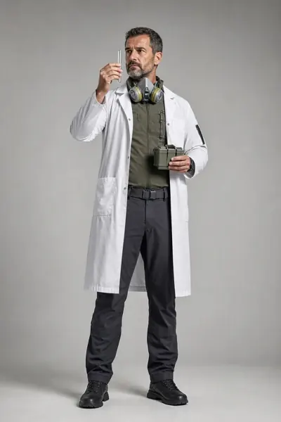 Biochemist, ein Mann mittleren Alters im Laborkittel, Atemschutzmaske am Hals, hält ein Reagenzglas und ein Messgerät.