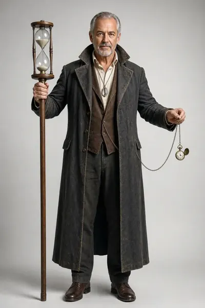 Chronomancer, ein älterer Mann in langem dunklem Mantel und Weste hält einen Stab mit Sanduhr und eine Taschenuhr.