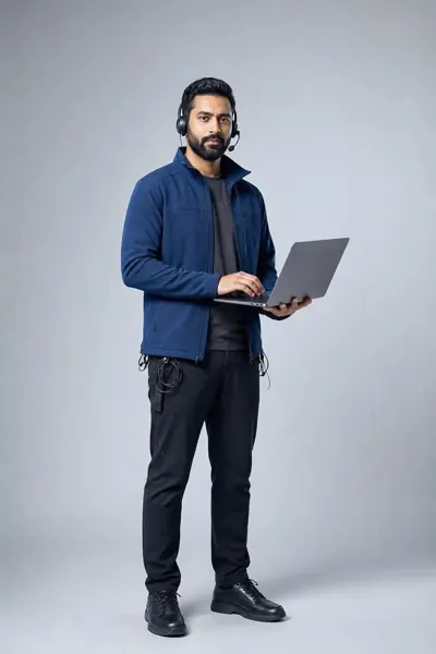 Cryptanalyst, ein junger Mann mit Headset, blauer Jacke und schwarzer Hose hält einen aufgeklappten Laptop.