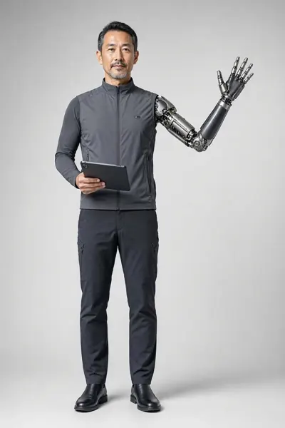Cyberneticist, ein Mann mittleren Alters in grauer Jacke hält ein Tablet und hebt seinen Roboterarm.