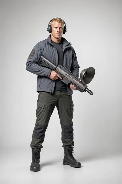 Echo-Operative, ein Mann mittleren Alters mit Kopfhörern und grauer Jacke hält eine Waffe mit Parabolschirm.