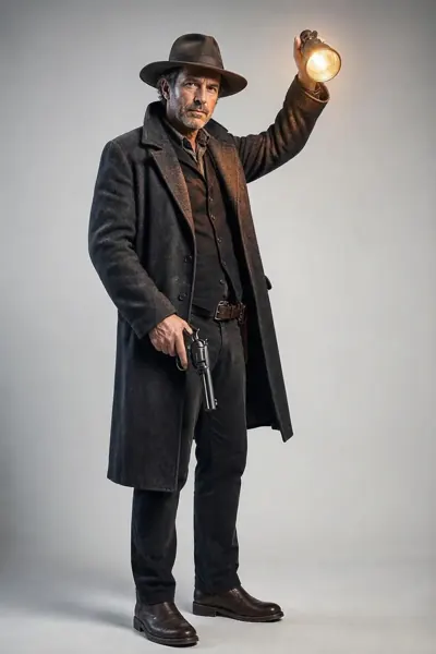 Paranormal Detective, ein Mann mittleren Alters in langem dunklem Mantel und Hut hält eine Laterne und einen Revolver.