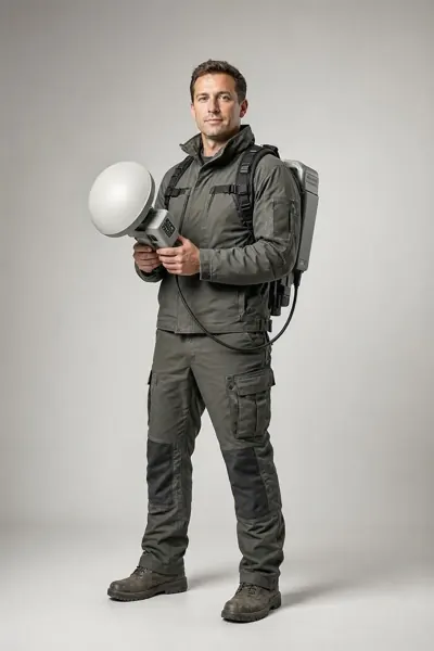 Physicist, ein Mann mittleren Alters in olivgrüner Einsatzkleidung mit Rucksack hält ein Gerät mit Parabolschirm.