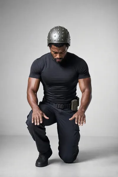 Psychic Healer, ein Mann mittleren Alters in schwarzem Shirt und Metallhelm kniet, die Hände über dem Boden.