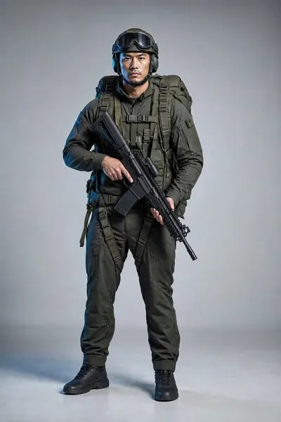 Shadow Paratrooper, ein Mann mittleren Alters in olivgrüner Kampfausrüstung mit Helm und Rucksack hält ein Gewehr.
