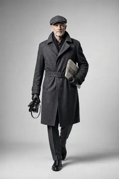 Spy, ein älterer Mann mit Schiebermütze und dunkelgrauem Mantel geht mit einer Kamera und einer Mappe unter dem Arm.