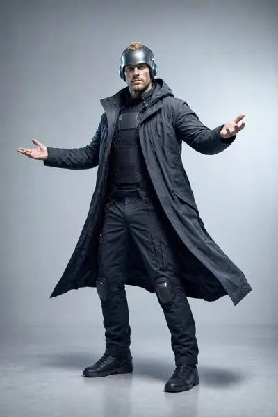 Telekinetic, ein Mann mittleren Alters in langem schwarzem Mantel und Metallhelm steht mit ausgebreiteten Armen.