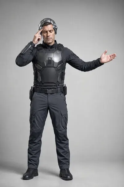 Telepath, ein Mann mittleren Alters in schwarzer Schutzweste und Metallhelm, die Finger an der Schläfe.