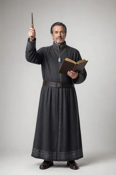 Thaumaturgist, ein Mann mittleren Alters in langer dunkler Robe hält einen Zauberstab und ein offenes Buch.