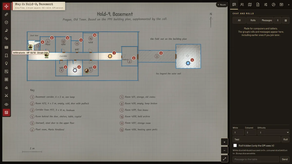 The O.D.I.N. table in the browser: floor plan of Hold-9 from The Grey Files with figures and pools of light, chat and dice panel with white and coloured dice on the right