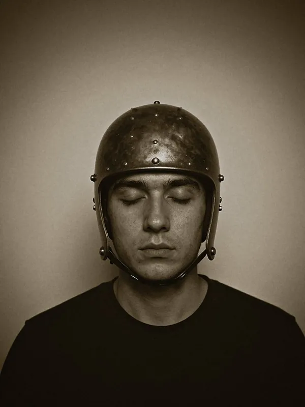 Psion: ein junger Mann mit geschlossenen Augen trägt einen Metallhelm mit Nieten.