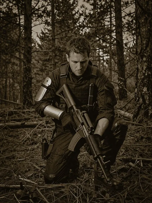 Soldier: ein Mann in Kampfausrüstung kniet mit einem Gewehr im Kiefernwald.